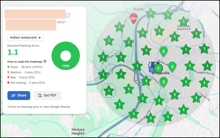 Anonymized Local Falcon GeoGrid ranking scan for a Restaurant & Hospitality client in Greater Pittsburgh